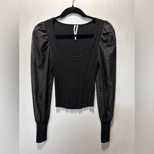 Anthropologie Black Puffed Shimmer Sleeve Ribbed Knit Whimsigoth Sweater Sz XXS